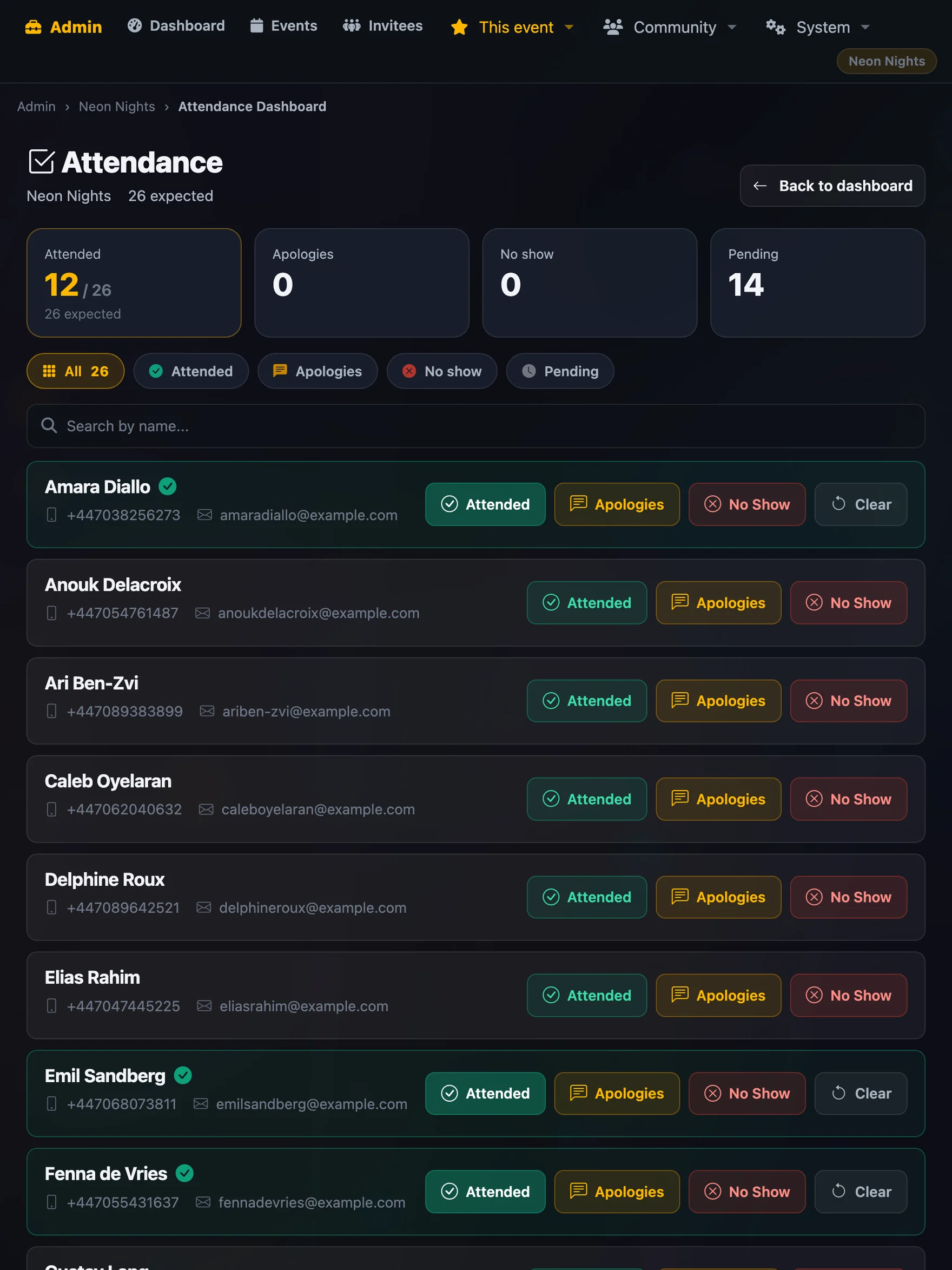 Attendance check-off screen