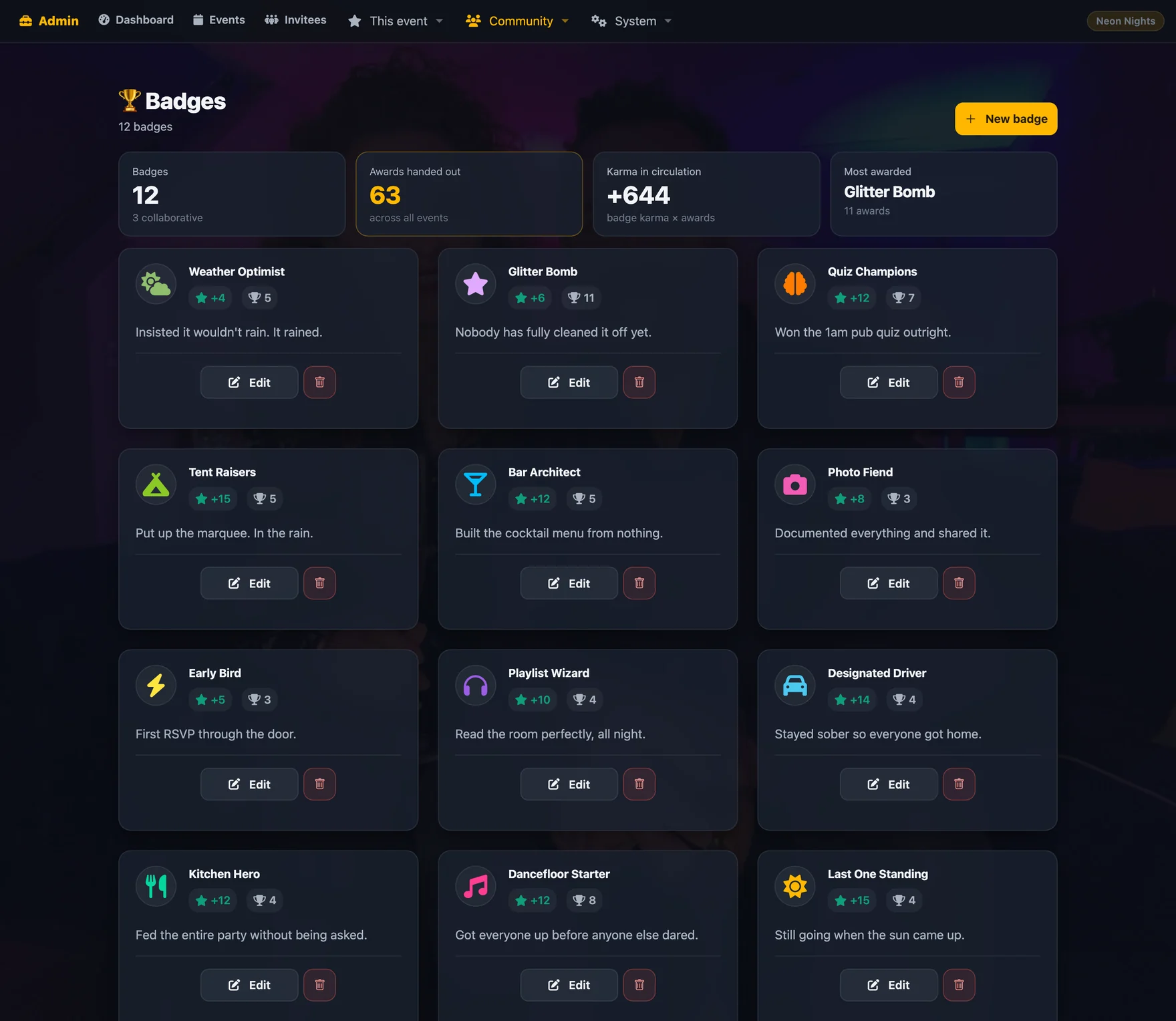 Badge management screen with icons, colours and karma values