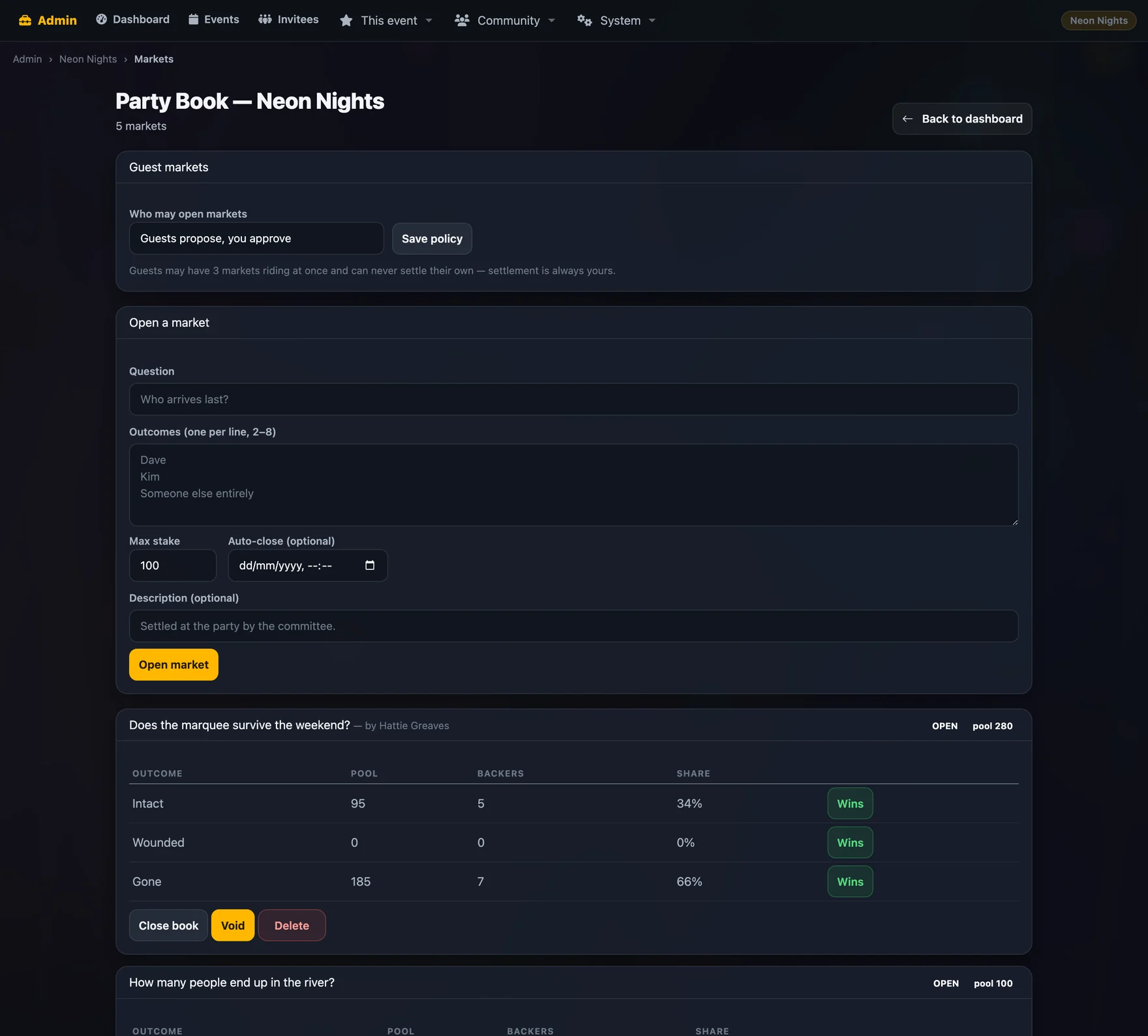 Party Book admin with markets, review queue and settlement controls