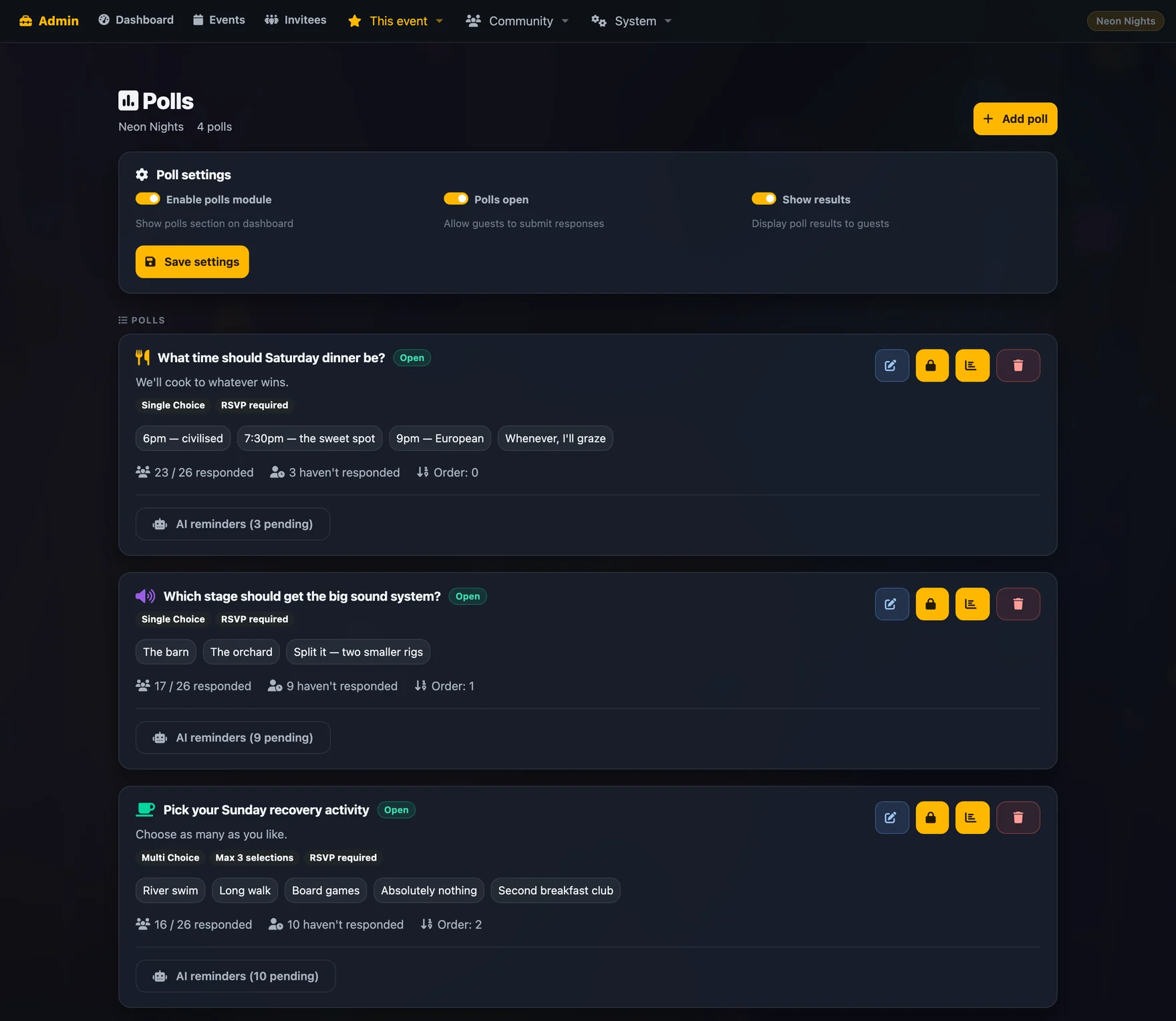 Poll admin with question list, response counts and controls