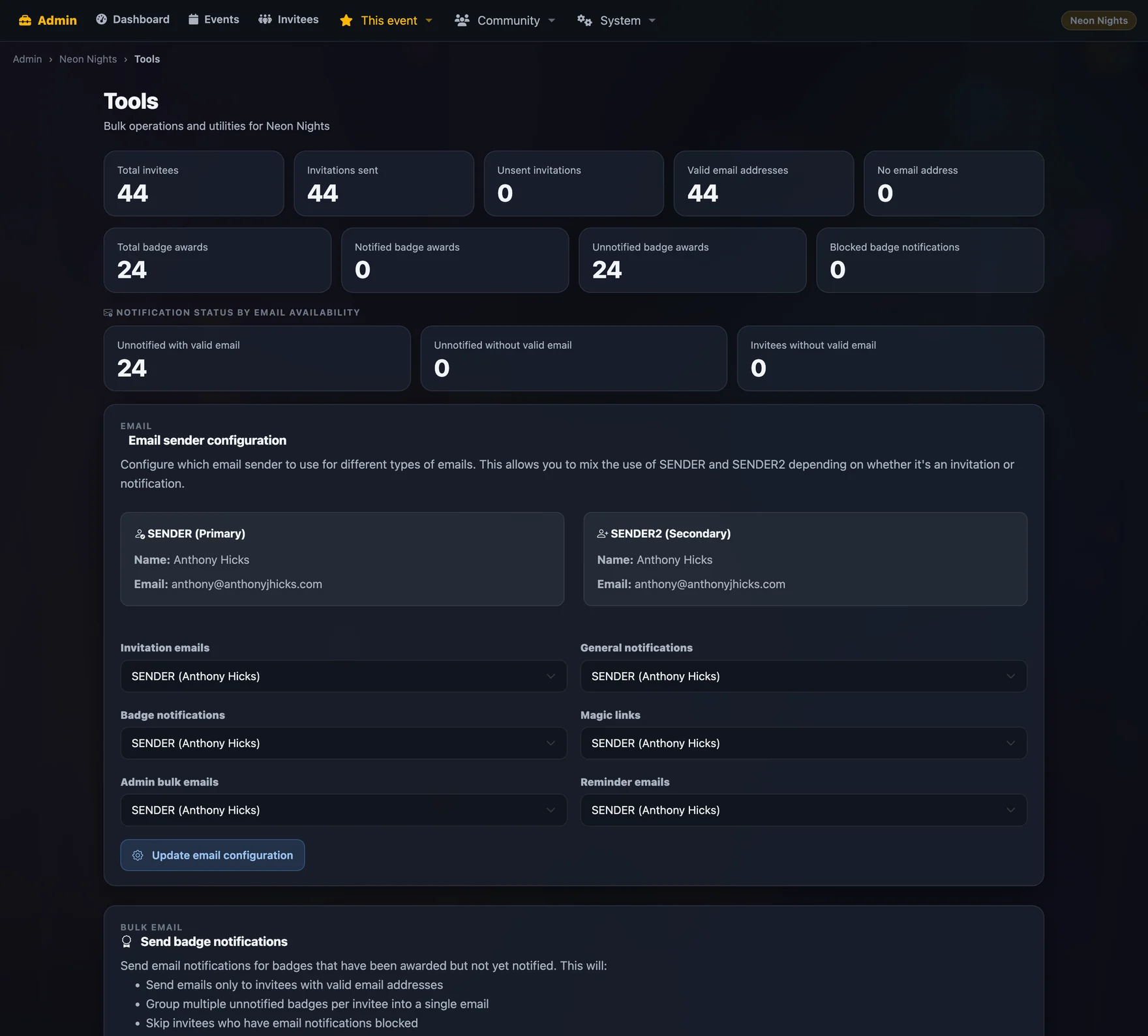 Event tools screen with bulk operations and diagnostics