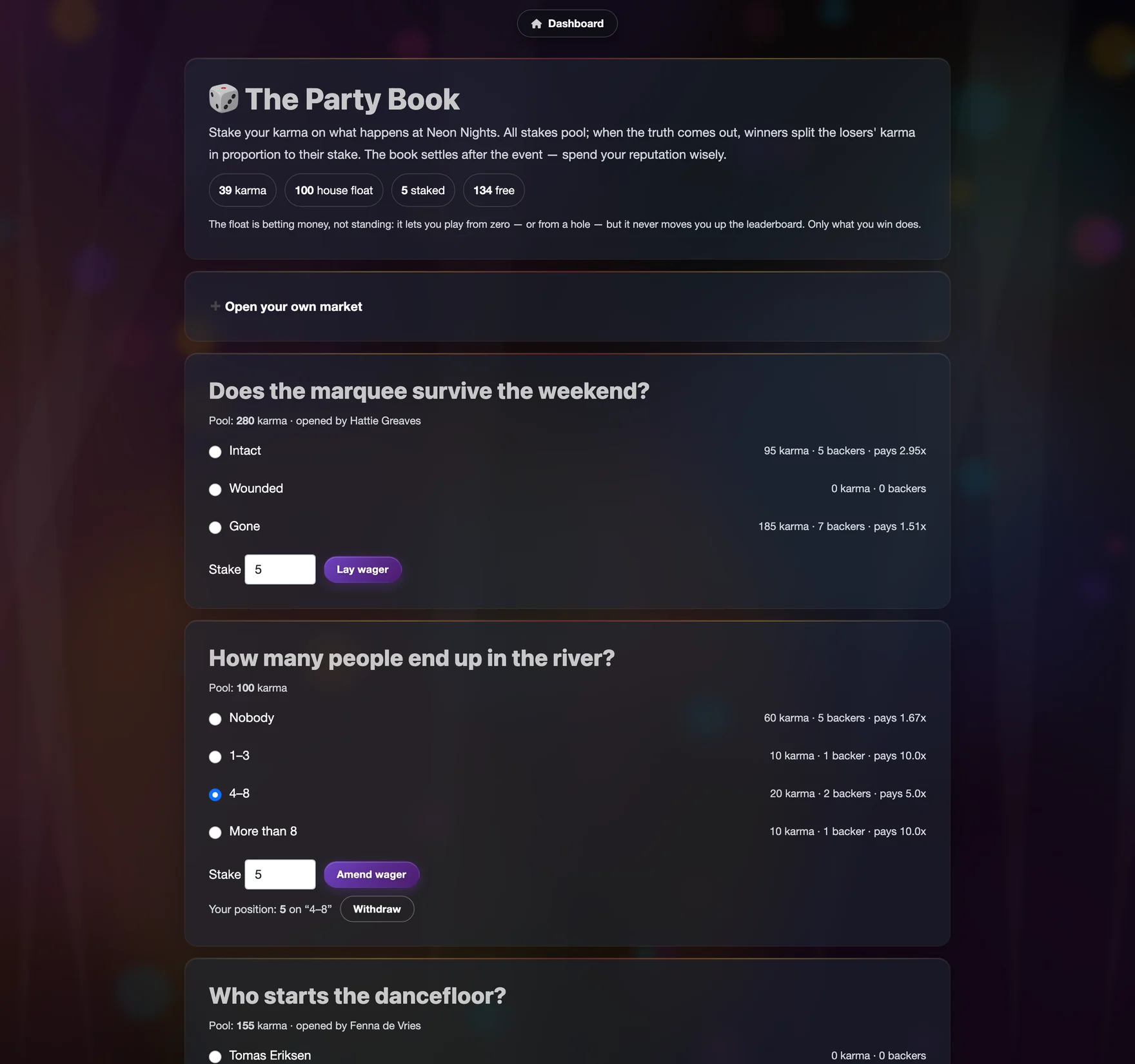 The Party Book prediction market with open questions and stakes