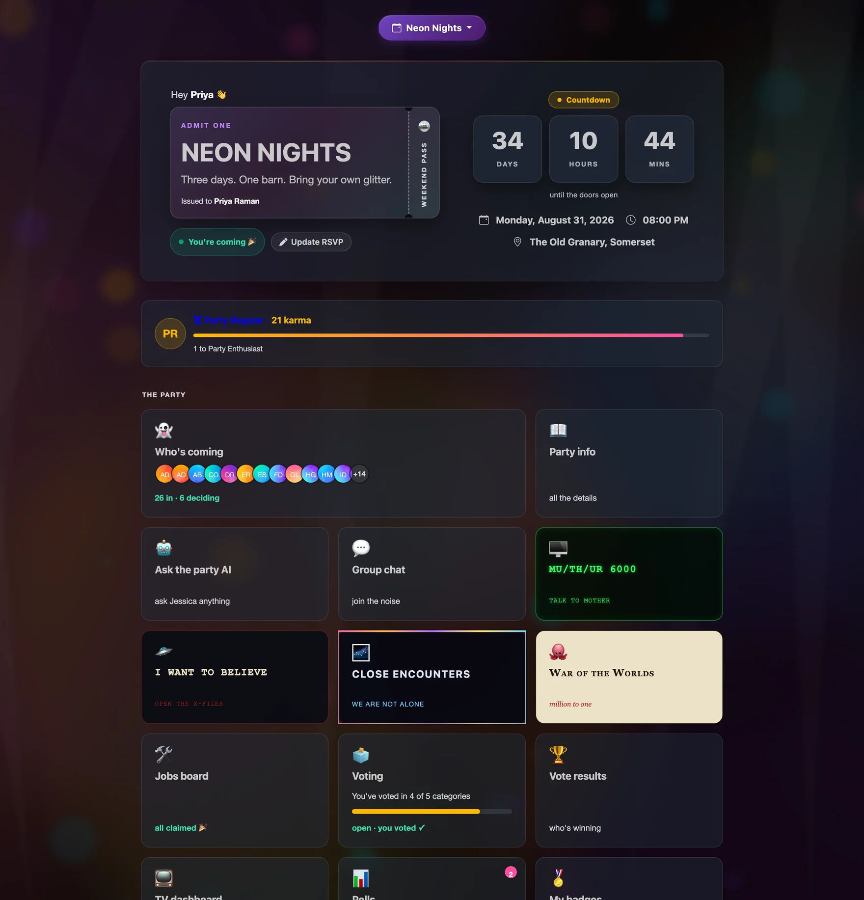 Guest dashboard with ticket, countdown, karma bar and tile grid