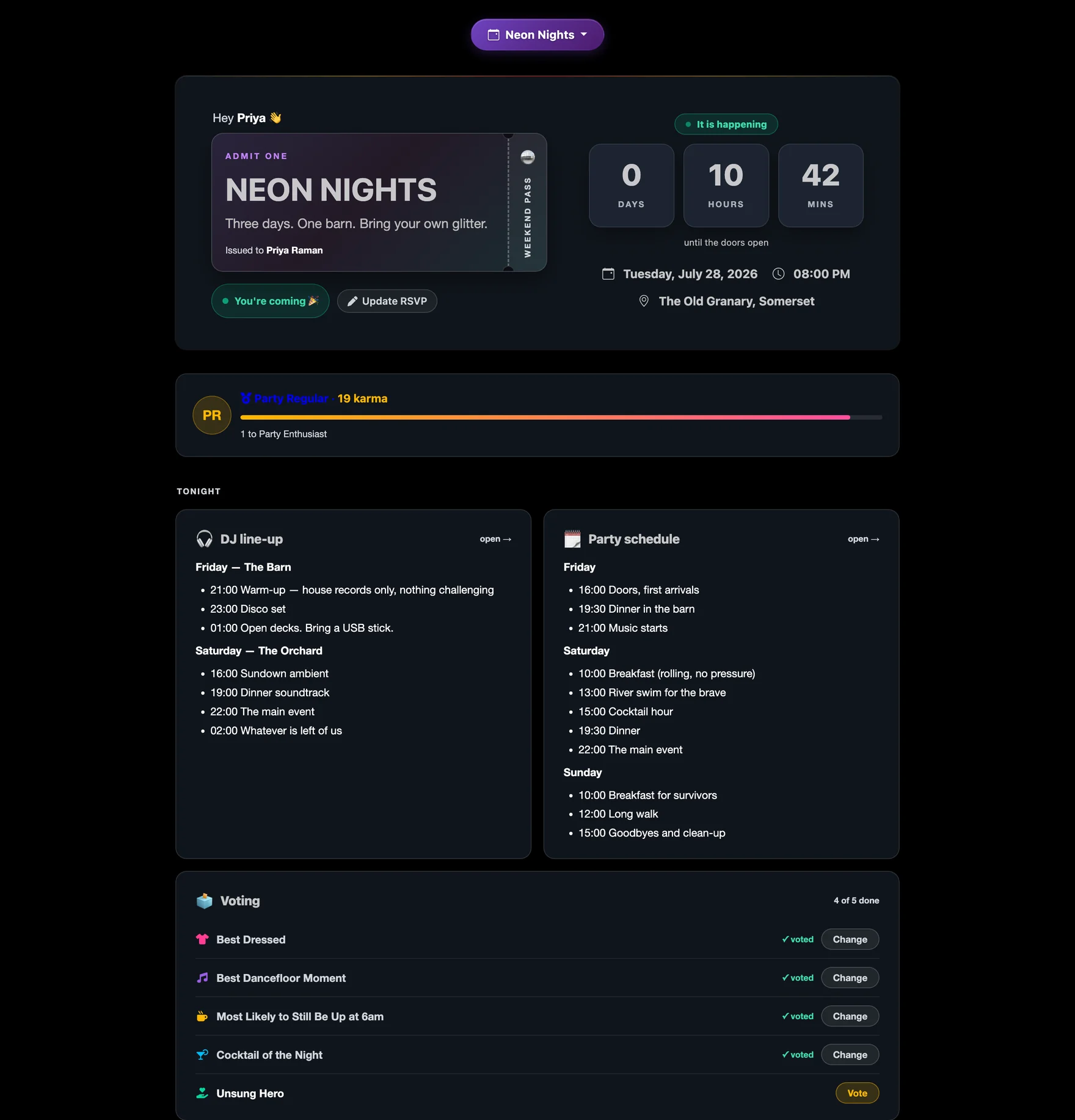 Guest dashboard on the night itself, showing the DJ line-up and party schedule inline