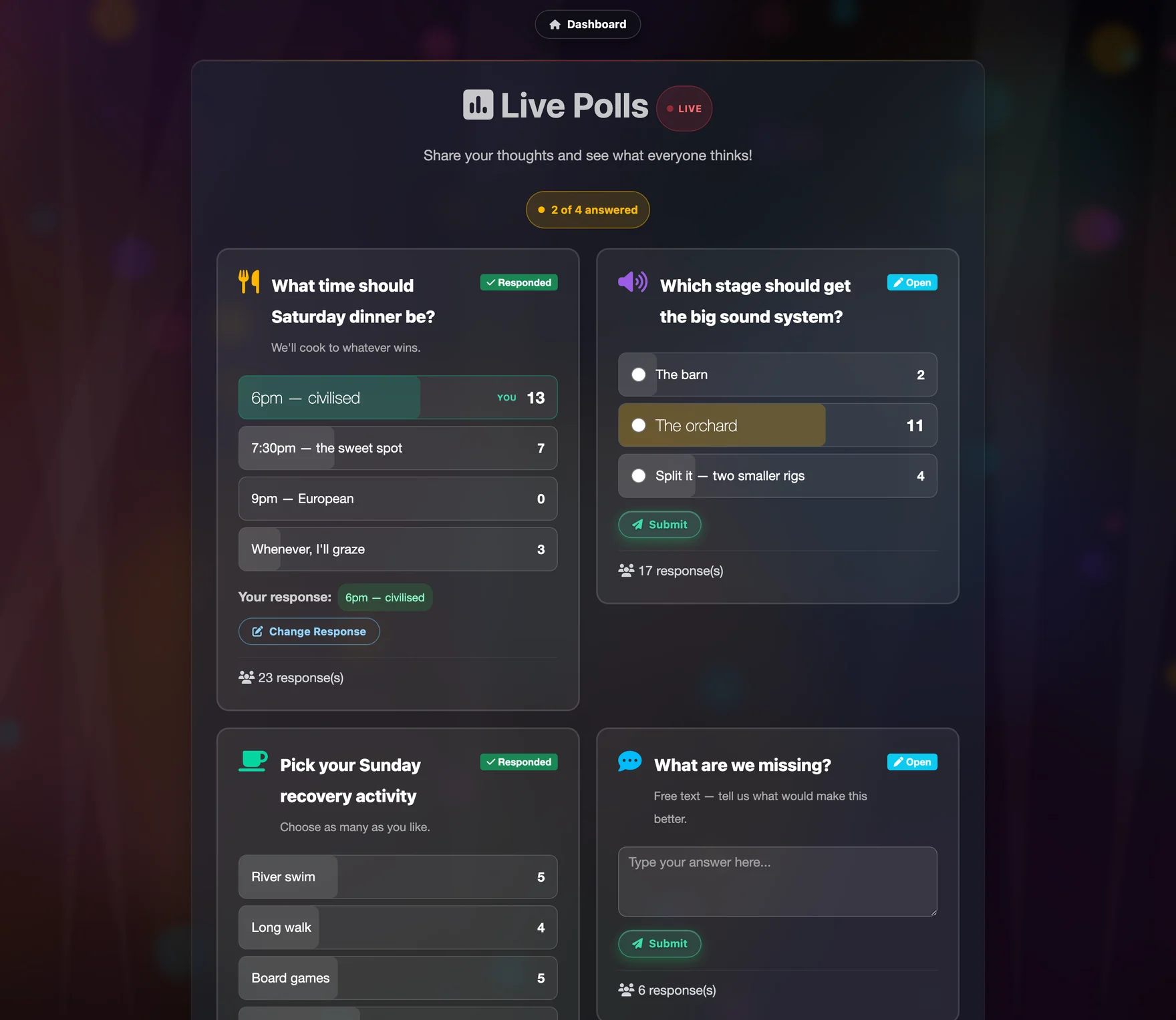 Live polls with single choice, multi choice and free text questions
