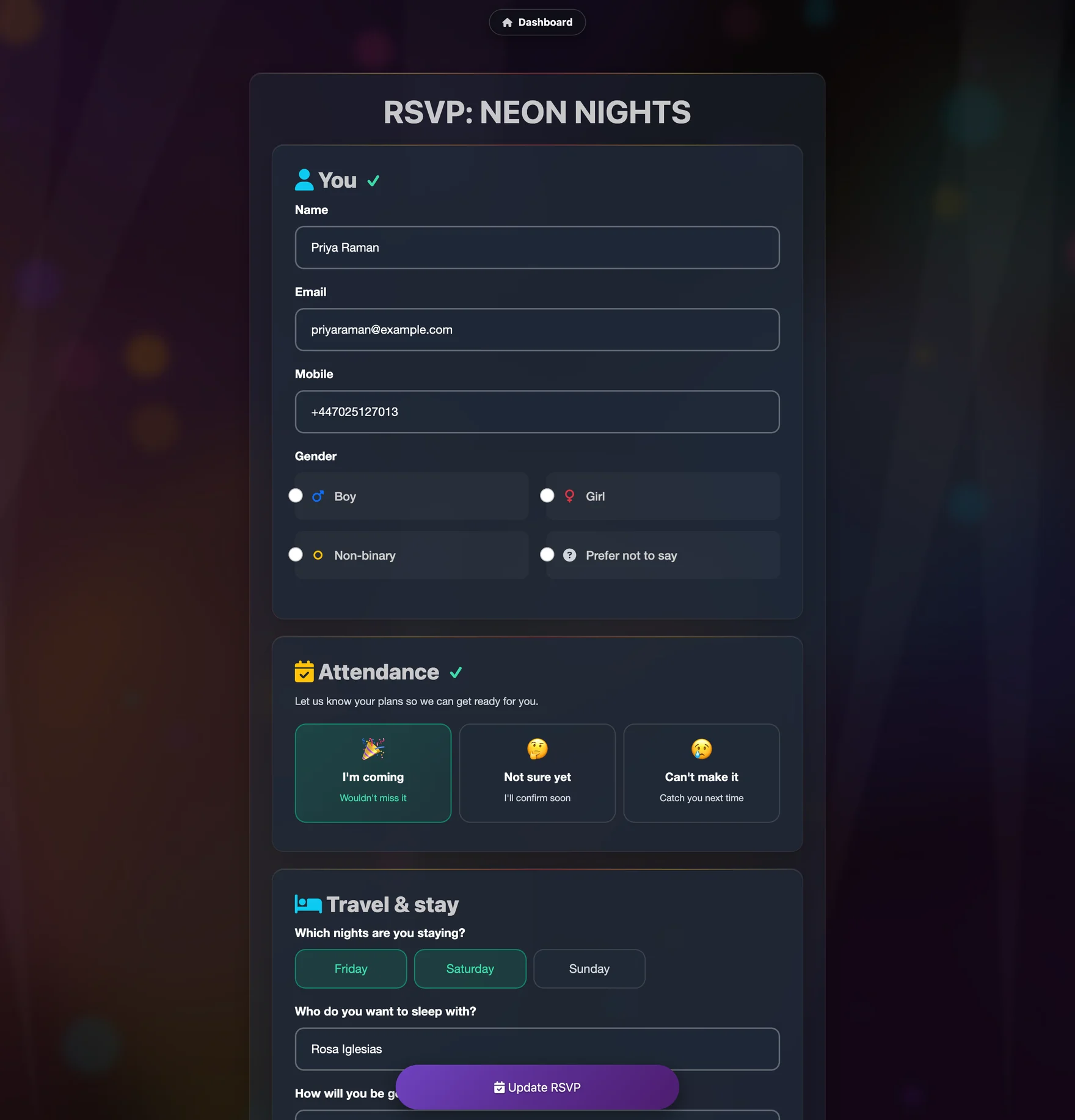 Guest RSVP form with attendance, travel, dietary and custom question sections