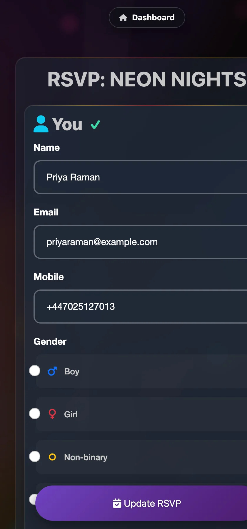 The RSVP form on a phone